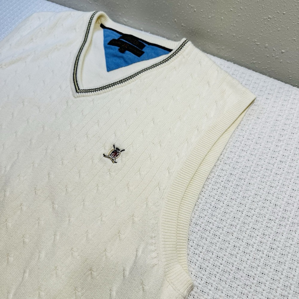 Vintage Tommy Hilfiger Golf Men V Neck Cable Knit Sweater Vest Cream szXL Preppy - Picture 11 of 14